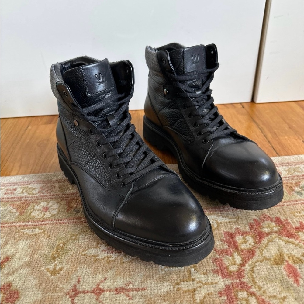 Black Leather Combat Boots with Cap Toe and Sturdy Soles